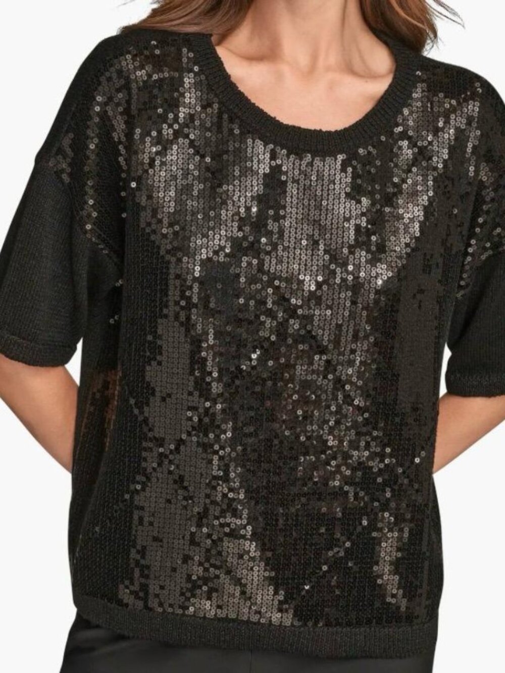 Donna Karan NY Black Sequin Sweater Top Women’s M NWT Short Sleeve Sparkly